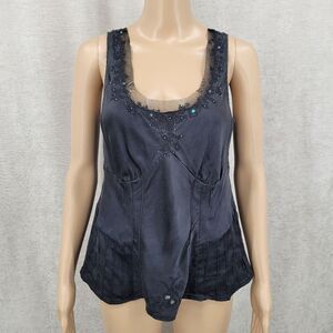 Tribal Y2K Silk Black Sleeveless Tank Top Beaded Pleated Embroidered